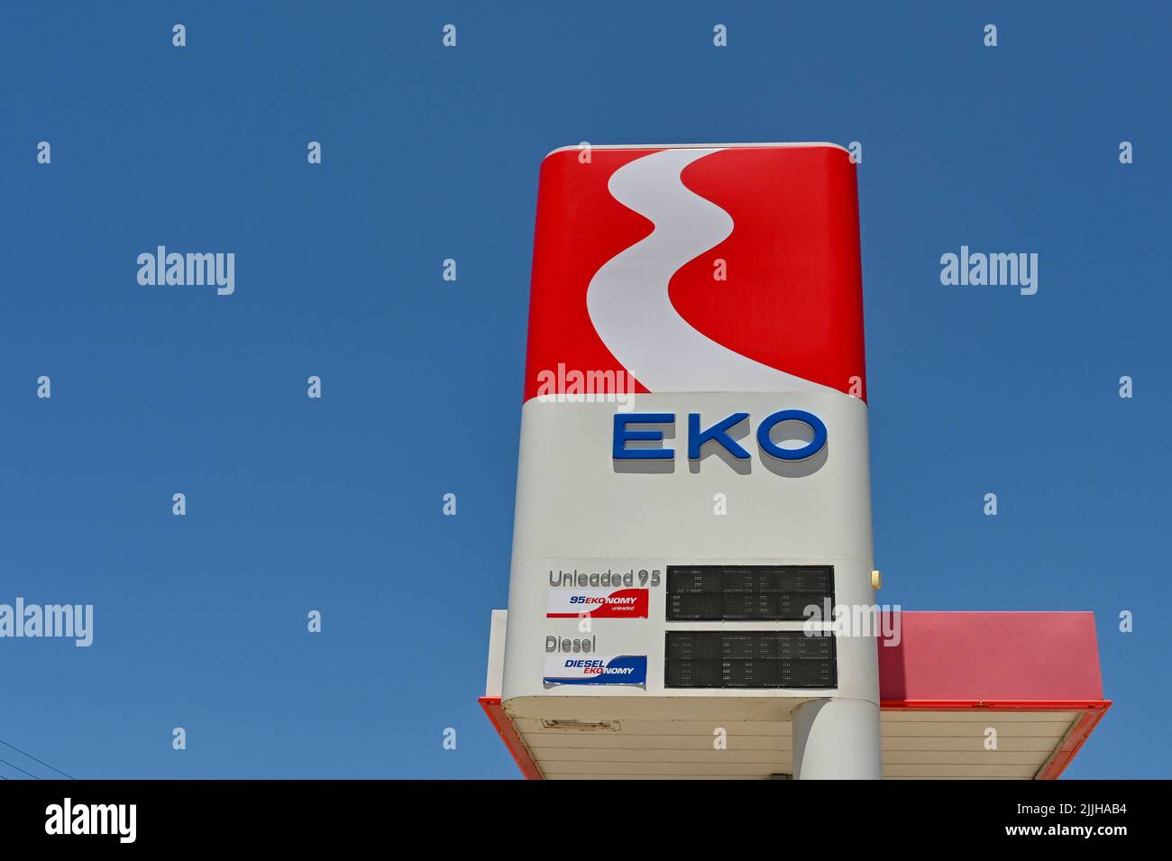 Argostili, Kefalonia, Greece - June 2022: I Sign displaying petrol prices at a petrol station operated by EKO in Argostili Stock Photo