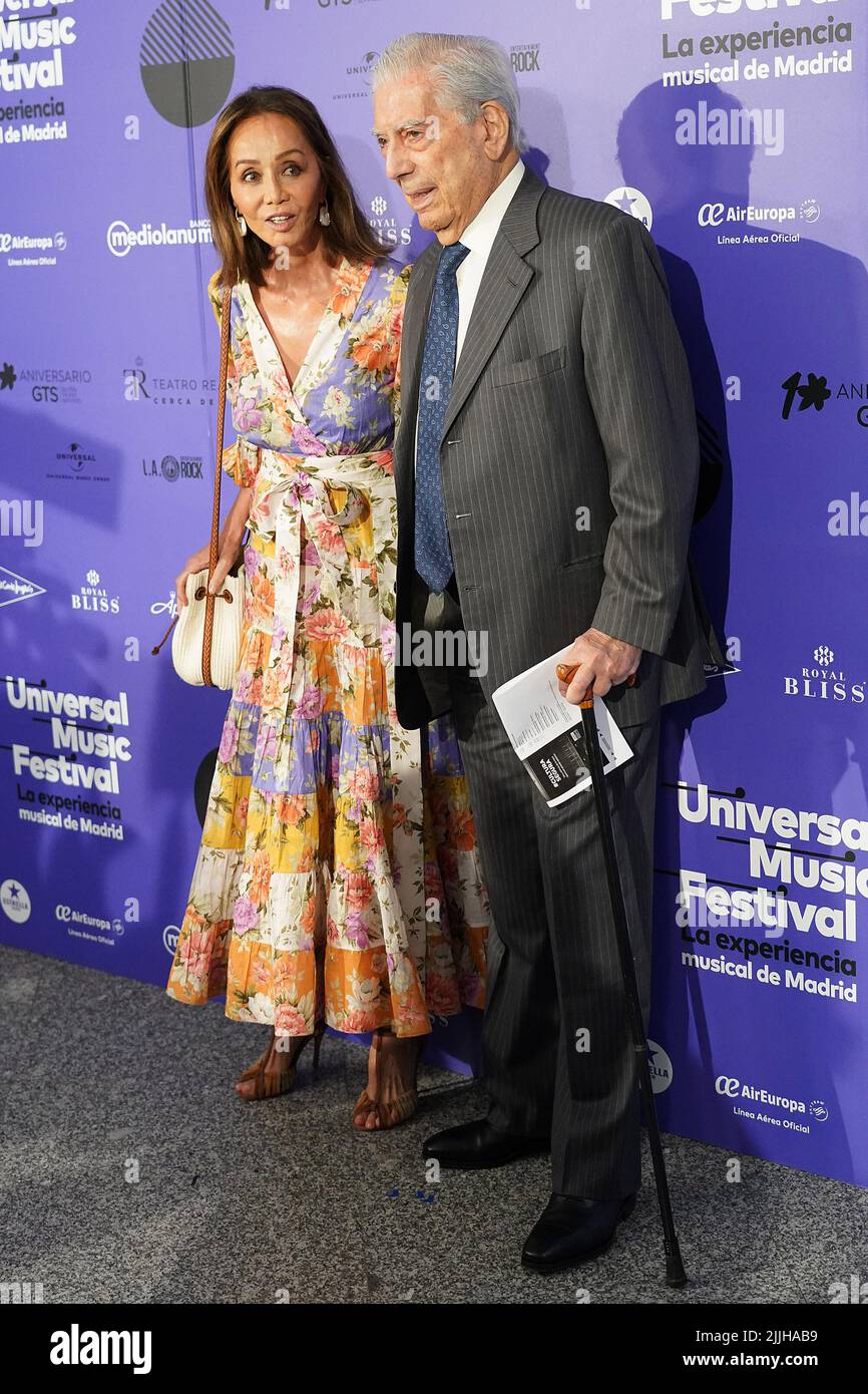 Spain, July 25, 2022. Isabel Preysler and Mario Vargas Llosa during the  photocall of the Anna Netrebko and Yusif Eyvazov concert at the Universal  Music Festival. July 25, 2022. (Photo by Acero/Alter