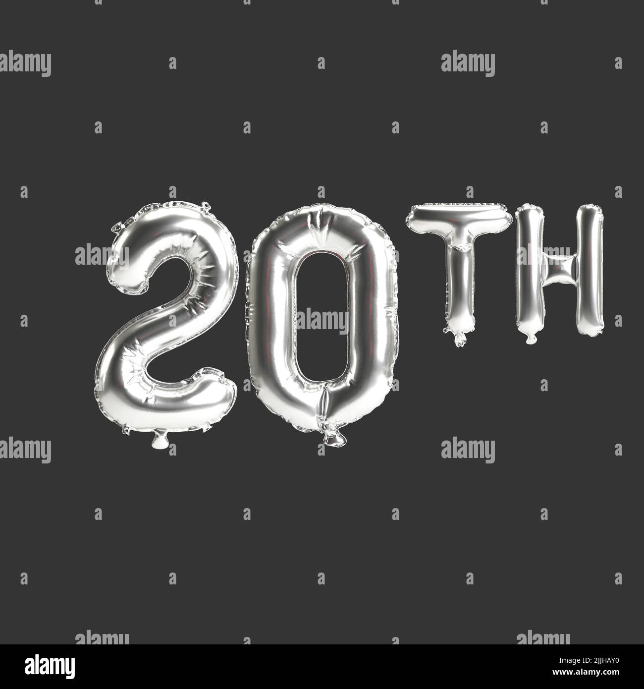 3d illustration of 20th silver balloons isolated on dark background Stock Photo