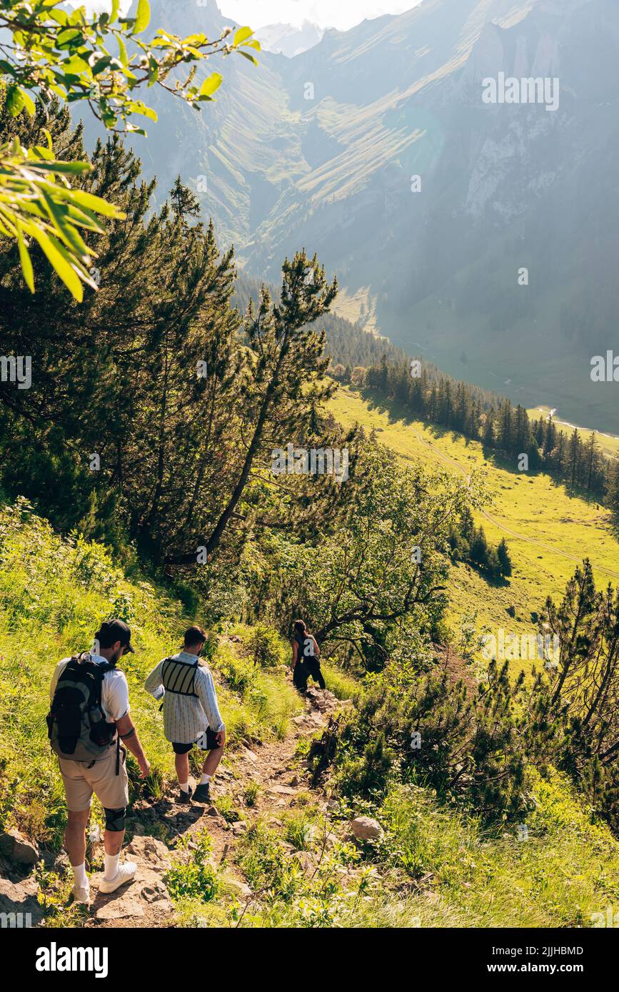A vertical shot of fit men walking down a narrow path in valley with mountains in the background Stock Photo