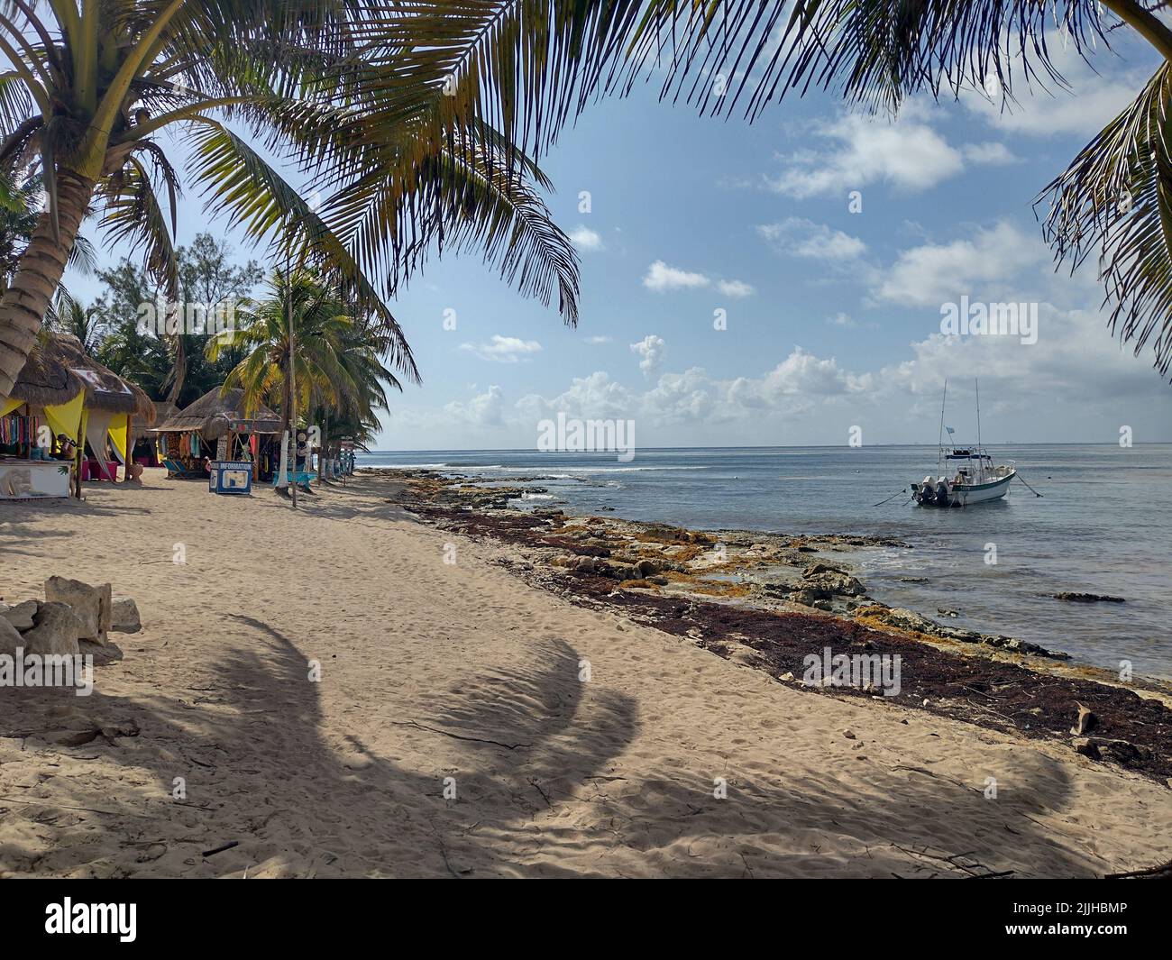 Tropical beach scene with palm trees, sea, and boat Stock Photo