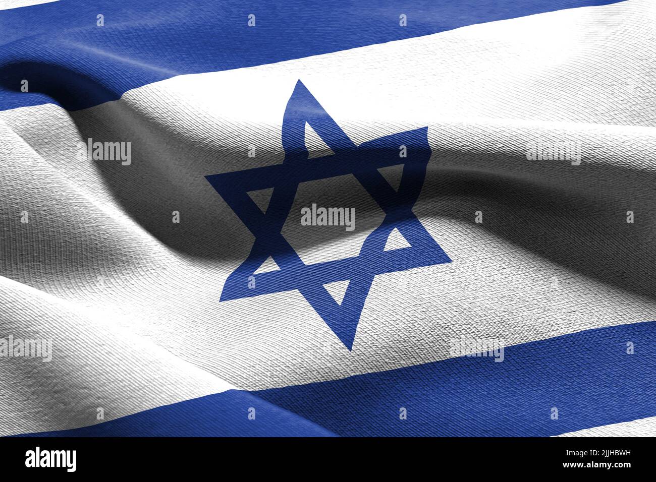 3D illustration closeup flag of Israel. Waving on the wind flag textile ...