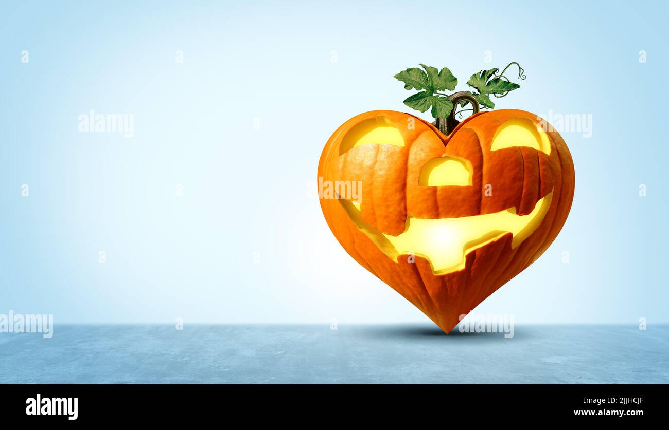 Halloween heart pumpkin jack o lantern as an autumn symbol representing the love for fall season Holiday with 3D illustration elements. Stock Photo