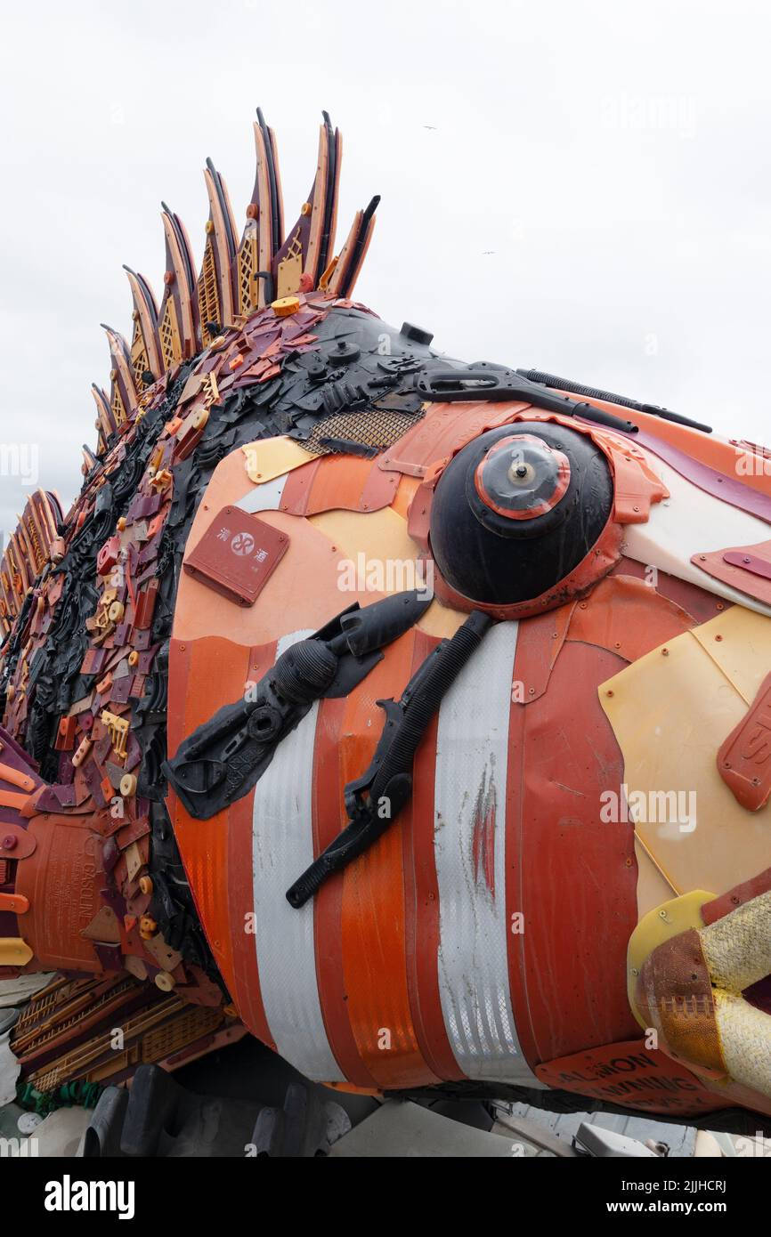 A sculpture of a fish made entirely of plastic marine debris, created by Washed Ashore in Bandon, Oregon. Stock Photo