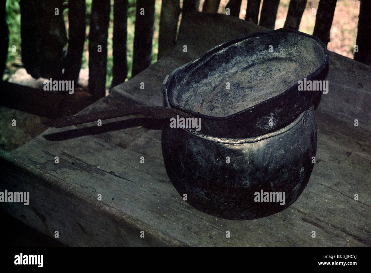 Skillet and cooking pot inside modern typical Mayan house at Dzibilchaltun Museum and ruins, north of Merida, Yucatan, Mexico. Stock Photo