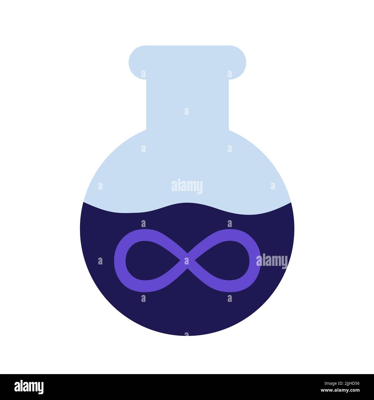 Elixir of life - flask with infinity symbol of magical drink and potion of longevity, youthfulness and stoppage of ageing and aging. Vector illustrati Stock Photo
