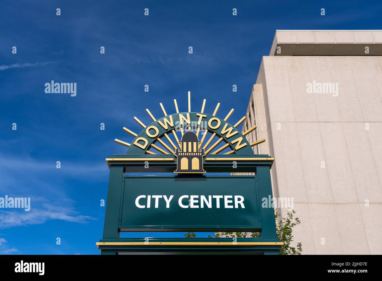 Colorado Springs, CO - July 3, 2022: Top of an information kiosk Downtown with a stylized image of the tower on The Colorado Springs Pioneers Museum. Stock Photo