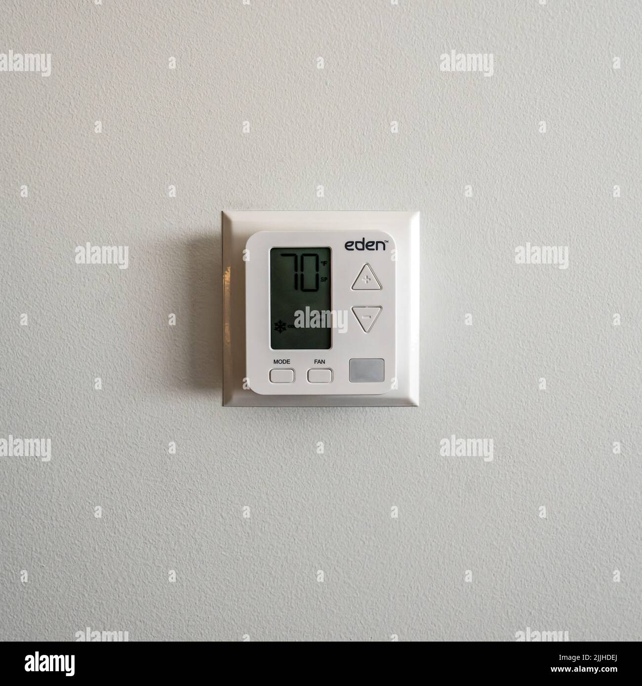 Colorado Springs, CO - July 6, 2022:The Eden Wireless Remote Thermostat by Amana with occupancy detector. Stock Photo