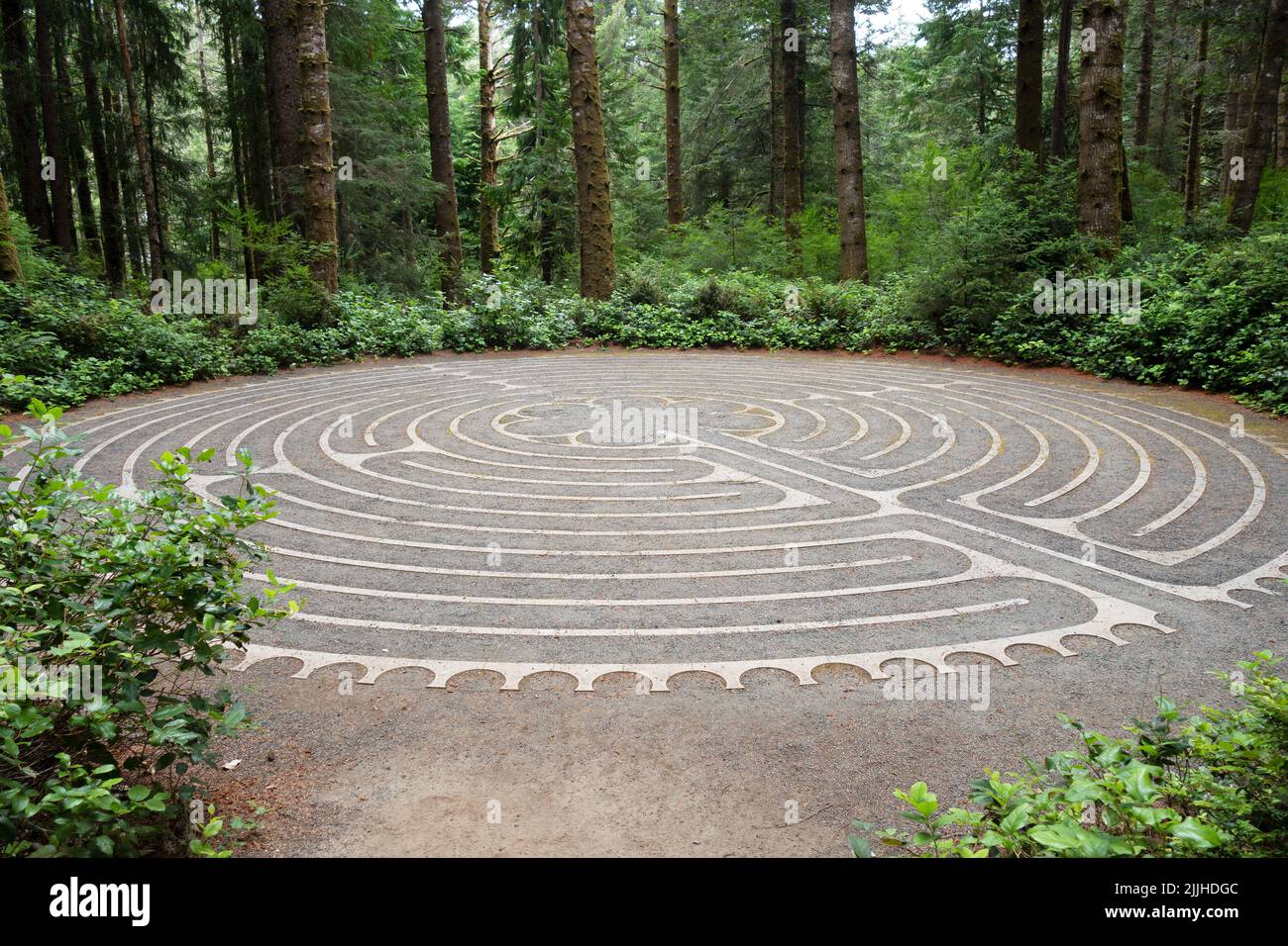 A large labyrinth in a forest in Oregon. Stock Photo