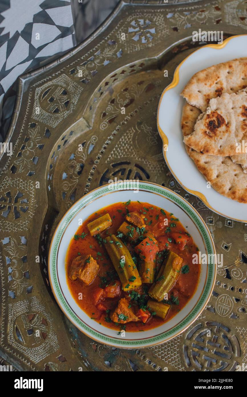 directly above view of Bamya Bamia okra beef middle eastern Persian