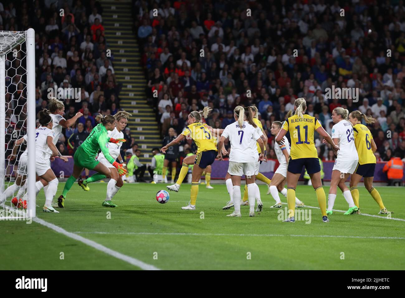 England's Mary Earps saves from Linda Sembrant during the UEFA Women European Championship match between England Women and Sweden at Bramall Lane, Sheffield on Tuesday 26th July 2022. (Credit: Mark Fletcher | MI News) Credit: MI News & Sport /Alamy Live News Stock Photo