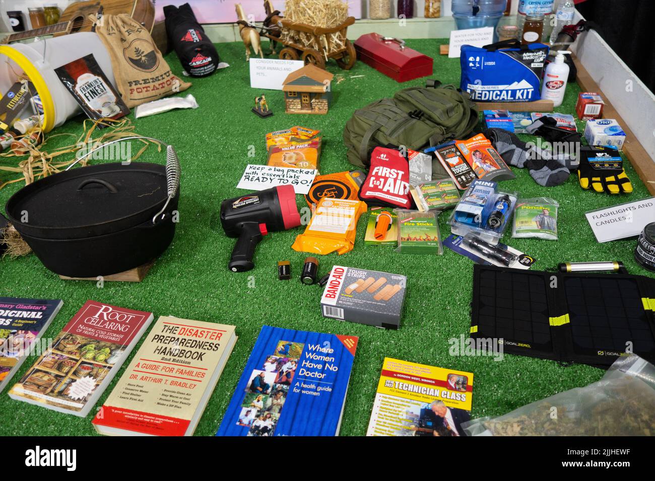 A display on emergency preparedness, at the Lane County Fair in Eugene, Oregon. Stock Photo