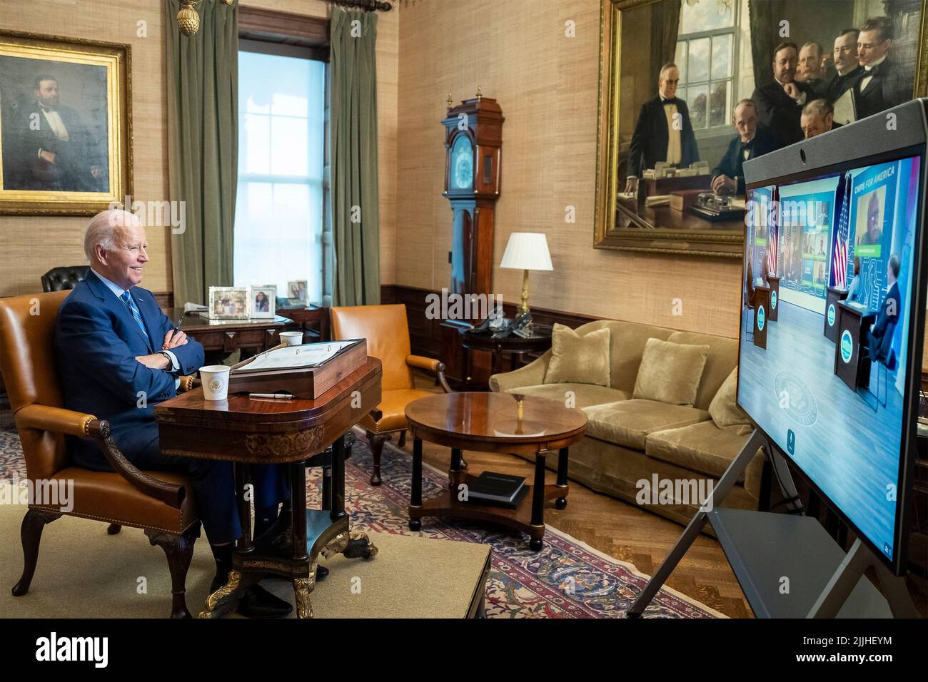 Washington, United States Of America. 26th July, 2022. Washington, United States of America. 26 July, 2022. U.S President Joe Biden, takes part in a video conference on the passing of the bipartisan CHIPS Act as he continues to quarantine after testing positive for COVID-19, at his private office in the residence of the White House, July 26, 2022, in Washington, DC The CHIPS act will boost the US semiconductor industry with $52 billion dollars in government funding. Credit: Adam Schultz/White House Photo/Alamy Live News Stock Photo