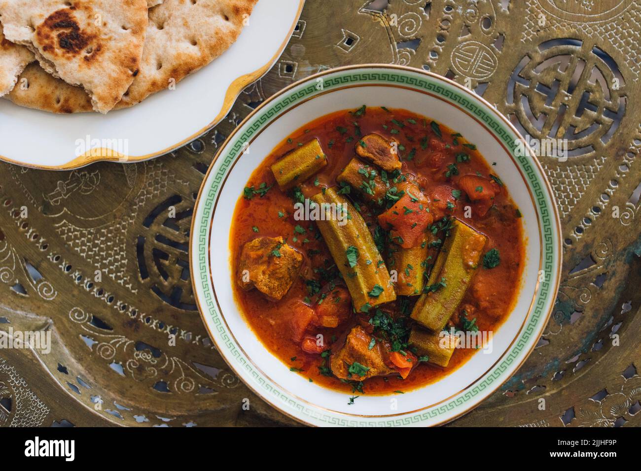 directly above view of Bamya Bamia okra beef middle eastern Persian