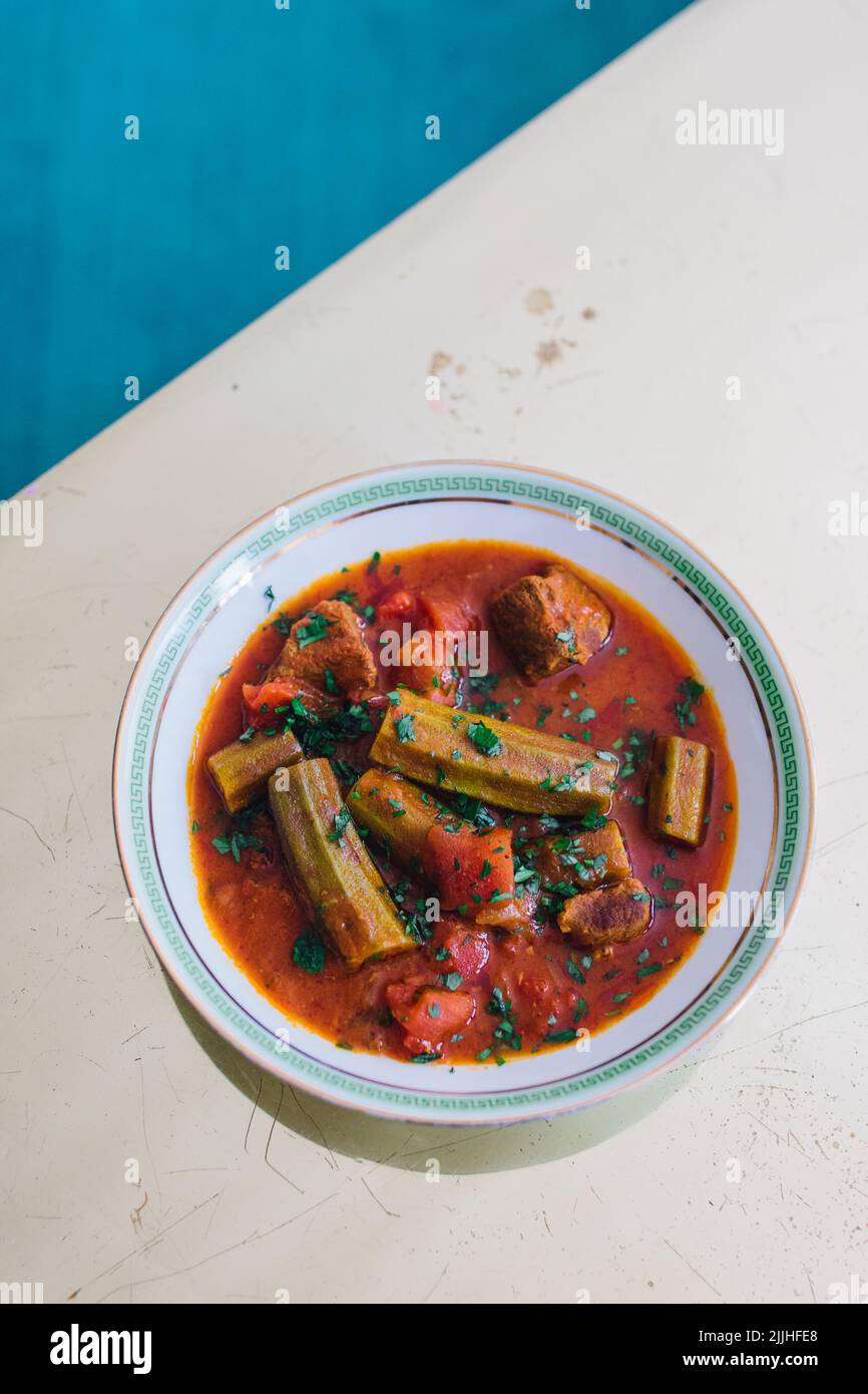 directly above view of Bamya Bamia okra beef middle eastern Persian