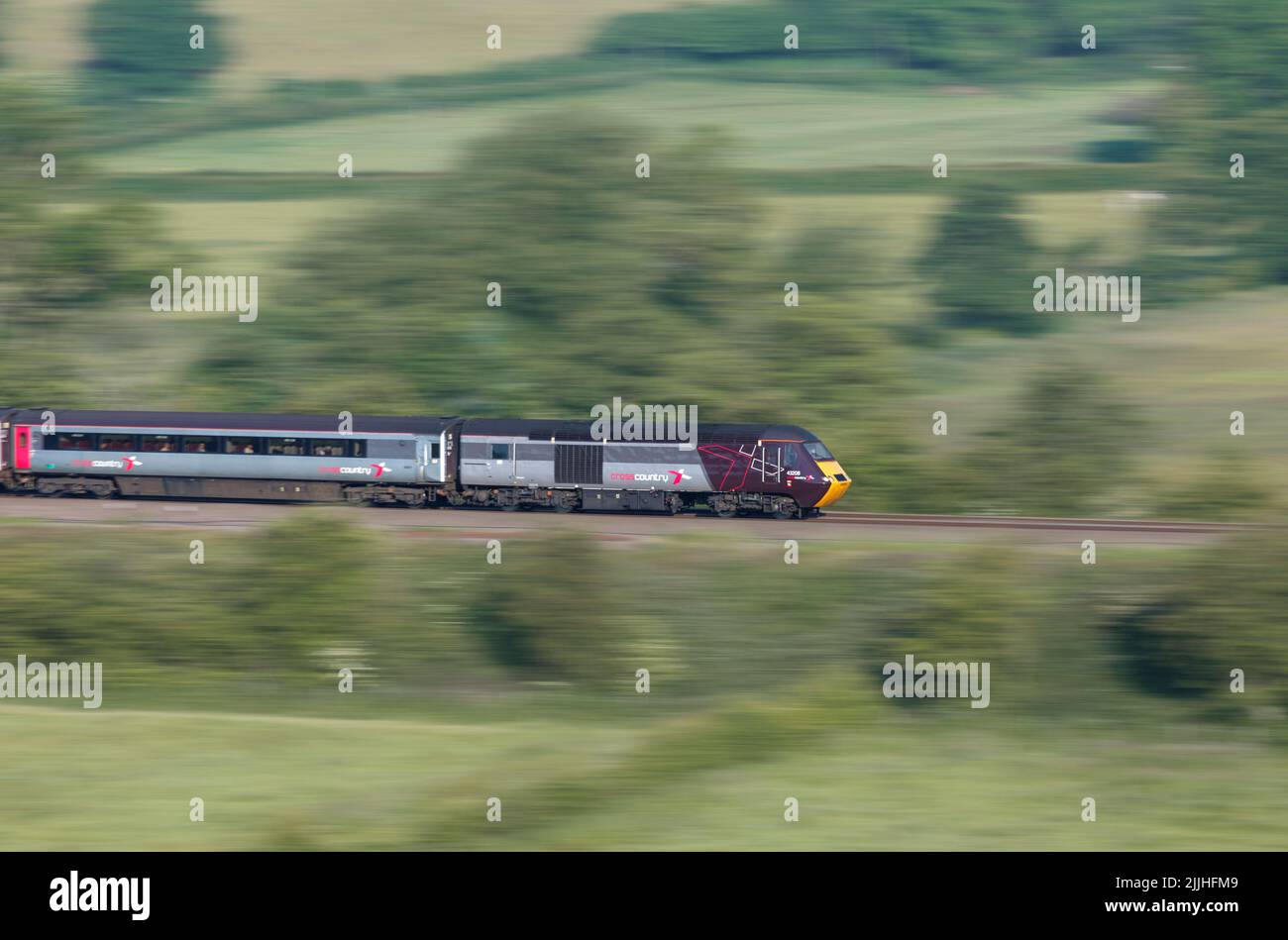 Crosscountry Trains class 43 high speed train power car 43208  panned speeding along the midland mainline Stock Photo