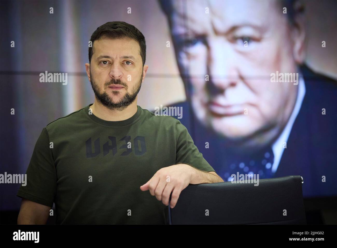 Kyiv, Ukraine. 26th July, 2022. Ukrainian President Volodymyr Zelenskyy listens during a ceremony to present him with the Winston Churchill Leadership Award from the International Churchill Society via video conference from his secure office, July 26, 2022 in Kyiv, Ukraine. Zelenskyy accepted award presented by British Prime Minister Boris Johnson on behalf of all Ukrainians. Credit: Ukrainian Presidential Press Office/Ukraine Presidency/Alamy Live News Stock Photo