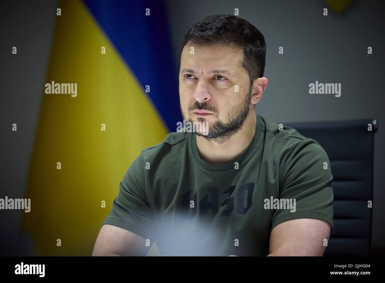 Kyiv, Ukraine. 26th July, 2022. Ukrainian President Volodymyr Zelenskyy listens during a ceremony to present him with the Winston Churchill Leadership Award from the International Churchill Society via video conference from his secure office, July 26, 2022 in Kyiv, Ukraine. Zelenskyy accepted award presented by British Prime Minister Boris Johnson on behalf of all Ukrainians. Credit: Ukrainian Presidential Press Office/Ukraine Presidency/Alamy Live News Stock Photo