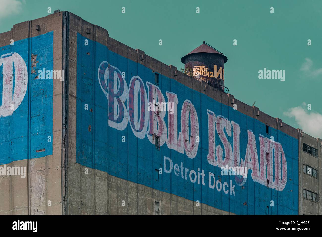 Detroit Dock Boblo Island mural sign on the building for Detroit Harbor