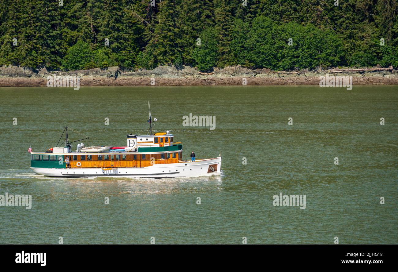 Juneau, AK - 9 June 2022: View of the the MV Discovery historic yacht cruising from Juneau Stock Photo