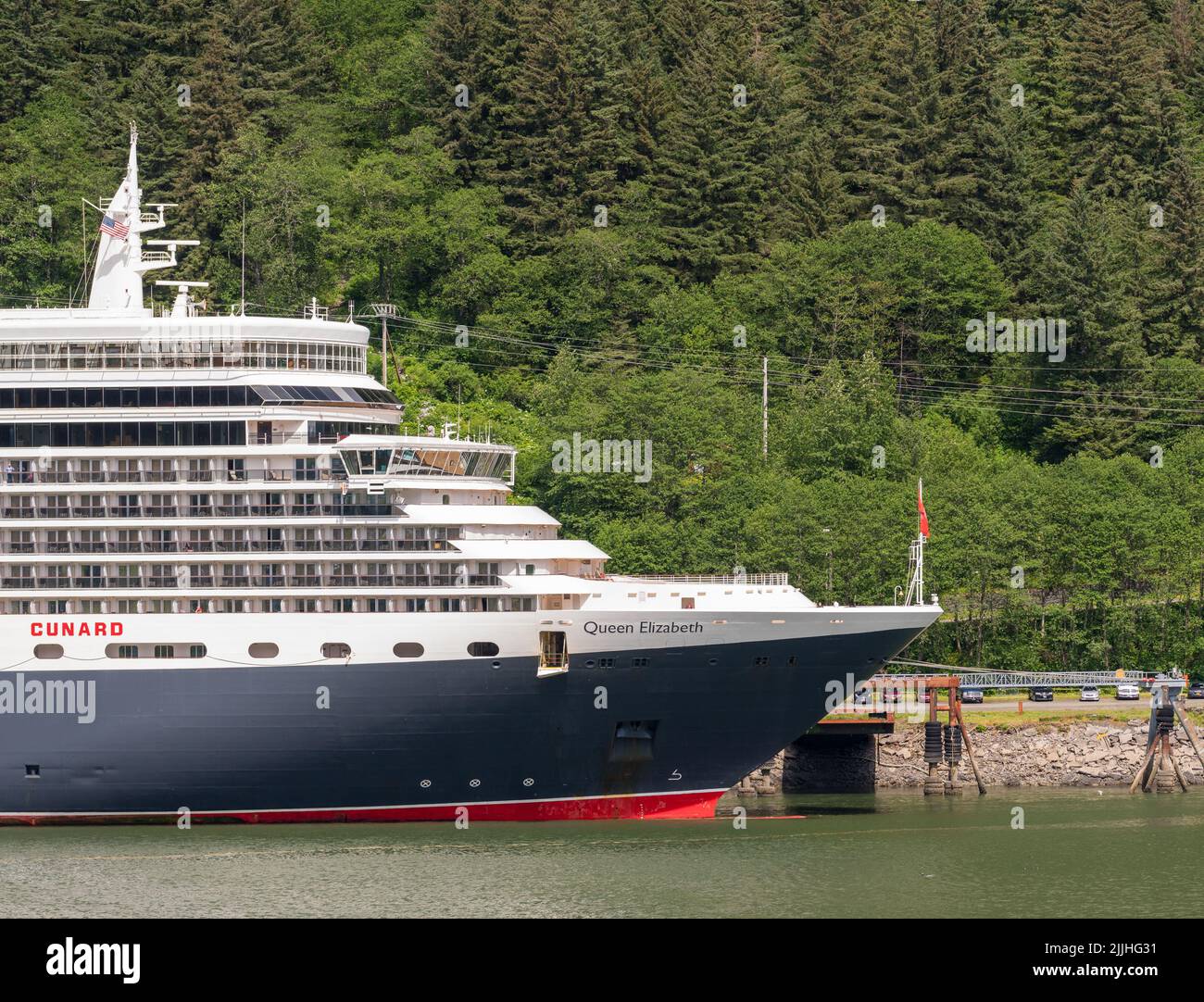 Juneau, AK - 9 June 2022: View of the the Cunard ocean liner Queen Elizabeth docked in Juneau Alaska Stock Photo