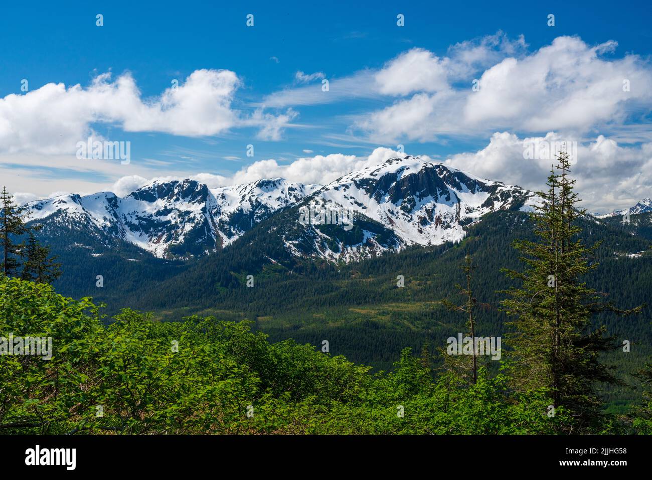 View from top of tram towards Mount Bradley above the city of Juneau in Alaska Stock Photo