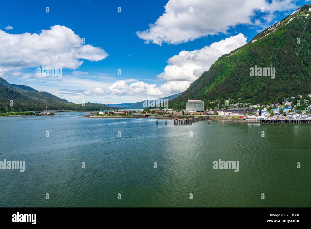 Panoramic view of the port of Juneau in Alaska from the water of the harbor Stock Photo