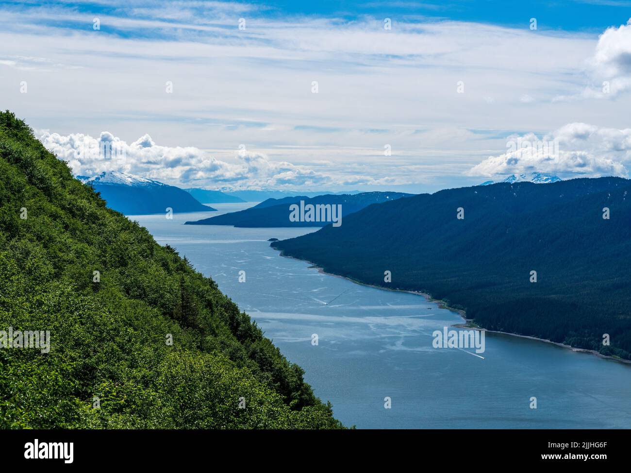 View of the river route to the ocean at Juneau in Alaska as seen from Mt Roberts Stock Photo