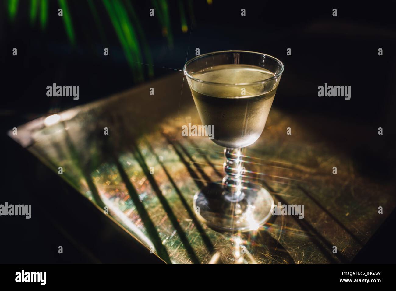 chilled white wine cocktail on brass gold table with palm tree