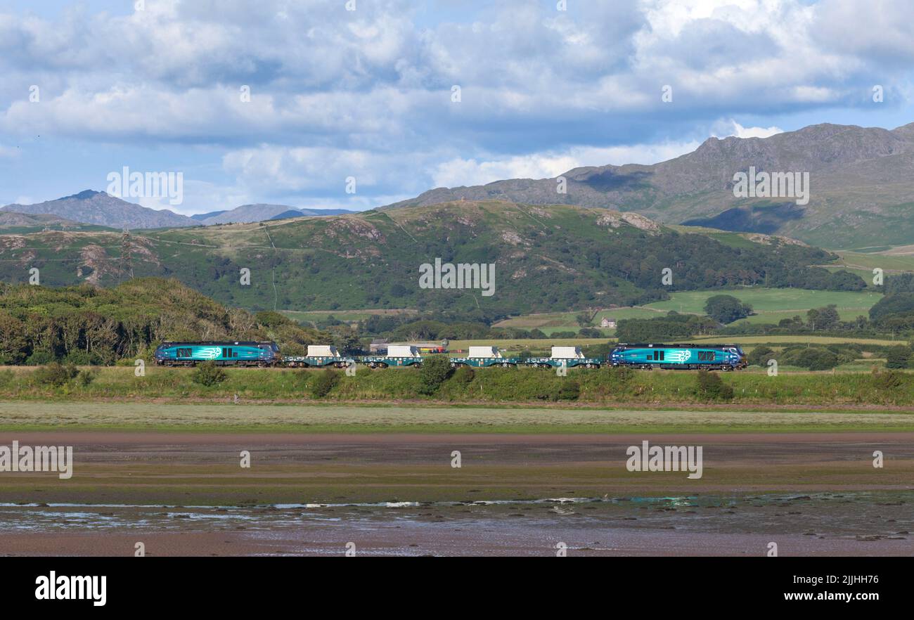 2 Direct Rail Services class 68 locomotives with a train of nuclear flasks on the scenic Cumbrian coast railway line Stock Photo