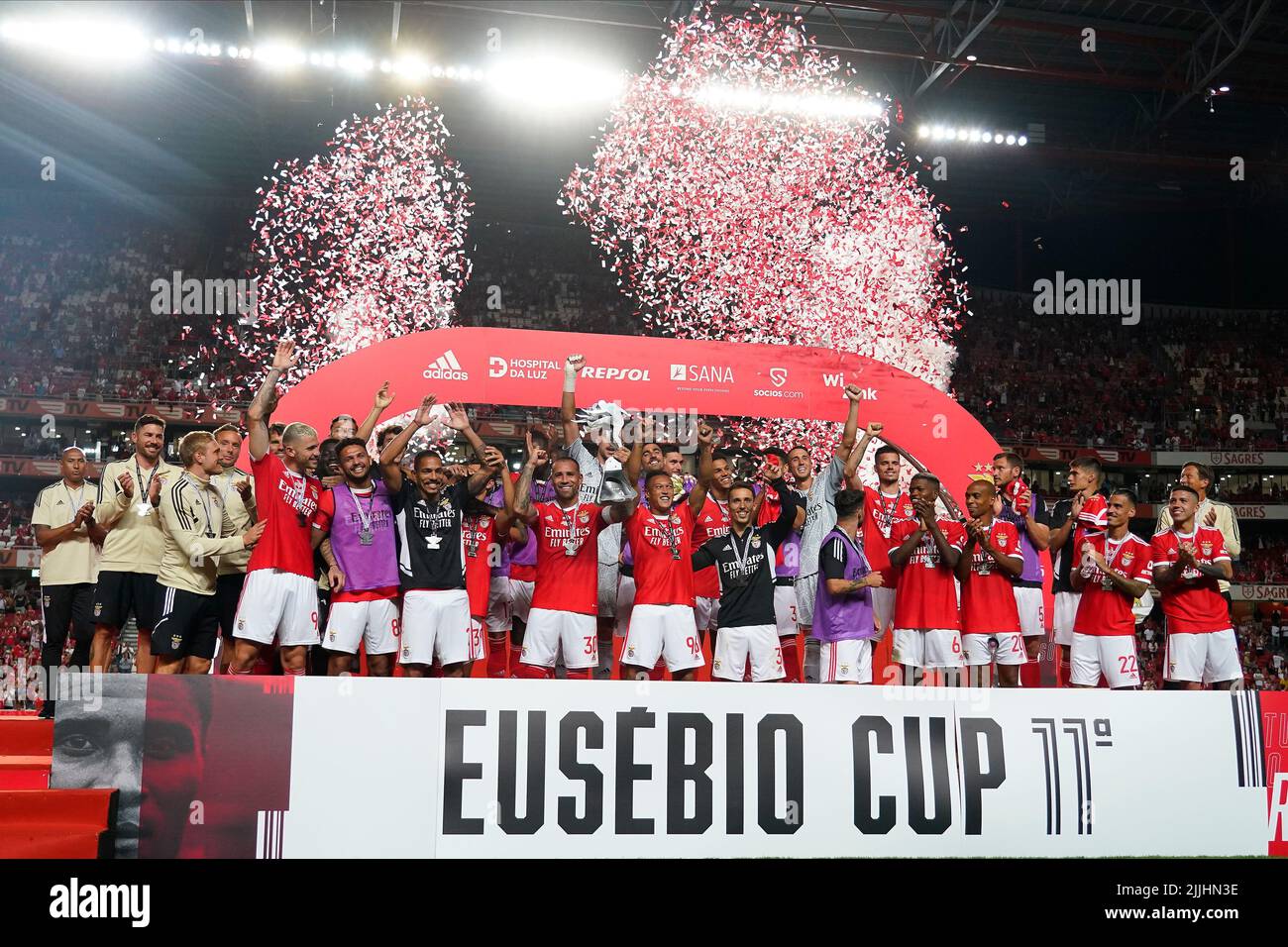 Lisbon, Portugal. July 25, 2022, Lisbon, Portugal. July 25, 2022, SL  Benfica team group with the trophy during the Pre-Season Friendly Eusebio  Cup match between SL Benfica and Newcastle United FC played