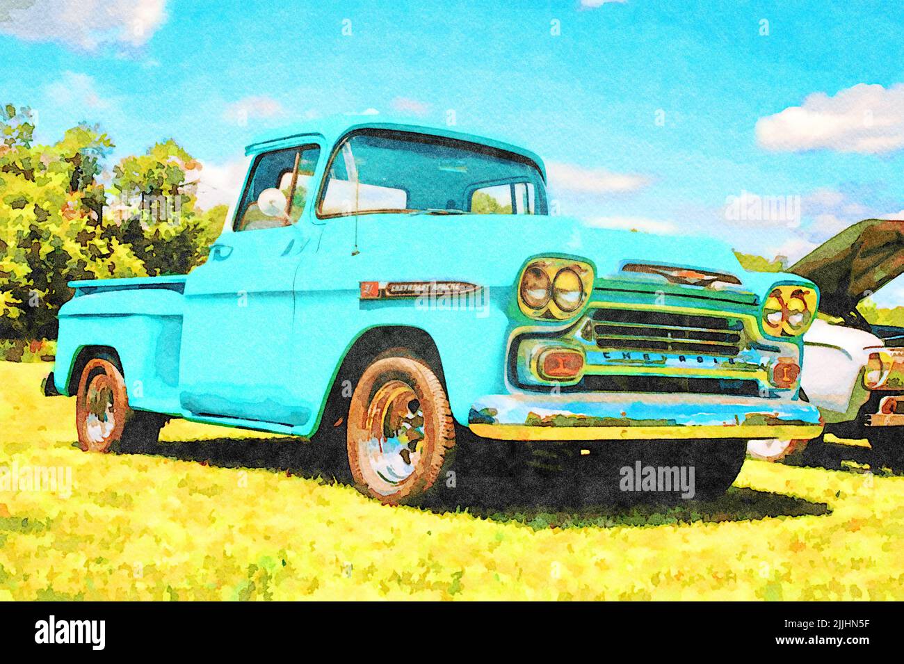 Digitally created watercolor painting of a Green Aqua 1958 Chevy Apache Stock Photo