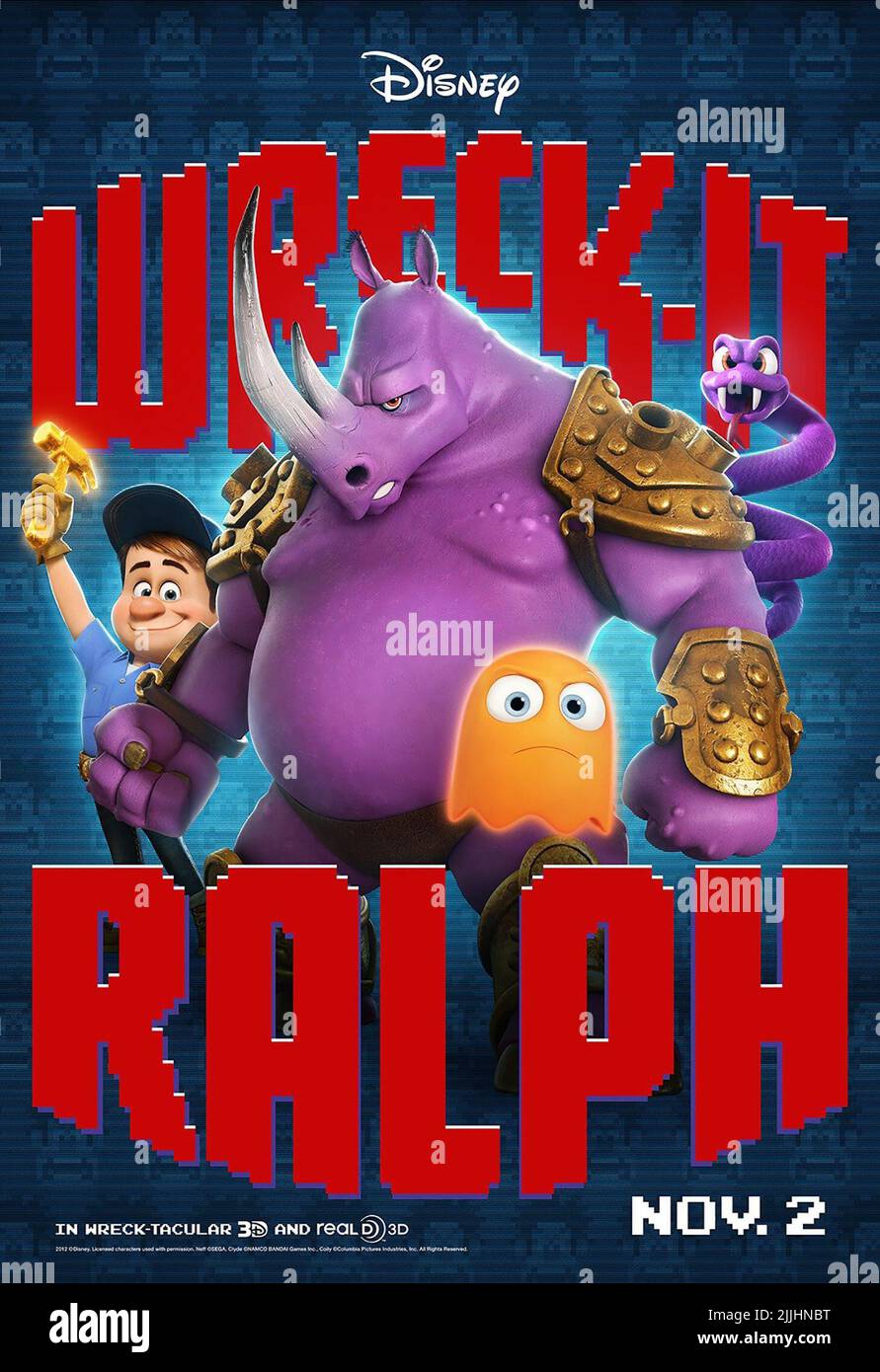 FIX-IT FELIX, NEFF THE RHINO, PACMAN GHOST, COILY THE SNAKE POSTER, WRECK-IT RALPH, 2012 Stock Photo