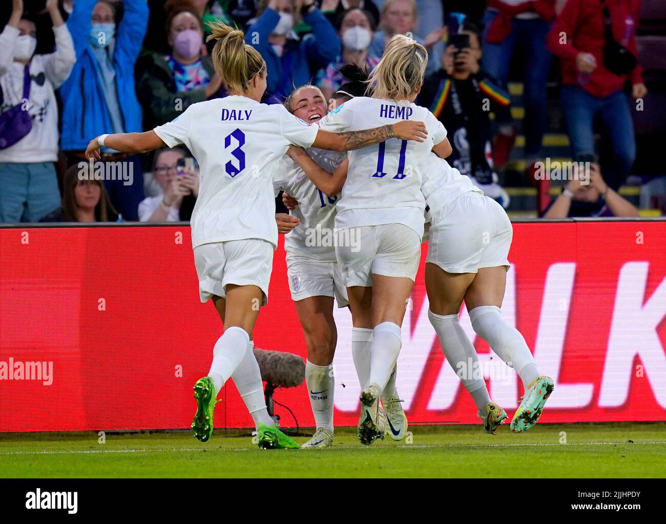 England players celebrate after team-mate Lucy Bronze scores their side's second goal of the game during the UEFA Women's Euro 2022 semi-final match at Bramall Lane, Sheffield. Picture date: Tuesday July 26, 2022. Stock Photo