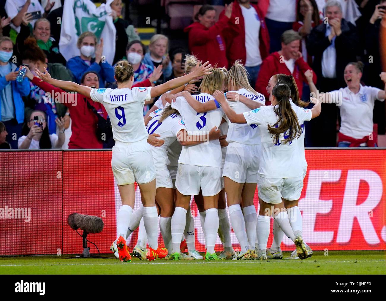 England players celebrate after team-mate Lucy Bronze scores their side's second goal of the game during the UEFA Women's Euro 2022 semi-final match at Bramall Lane, Sheffield. Picture date: Tuesday July 26, 2022. Stock Photo
