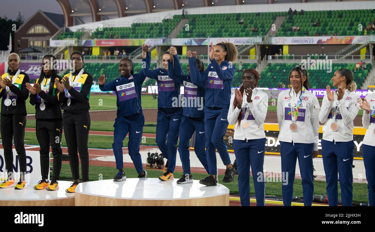 Talitha Diggs, Abby Steiner, Britton Wilson and Sydney McLaughlin (USA) women’s 4x400m medal ceremony on day ten at the World Athletics Championships, Stock Photo