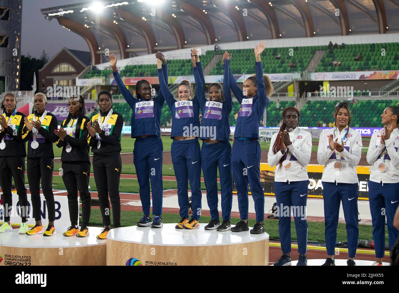 Talitha Diggs, Abby Steiner, Britton Wilson and Sydney McLaughlin (USA) women’s 4x400m medal ceremony on day ten at the World Athletics Championships, Stock Photo