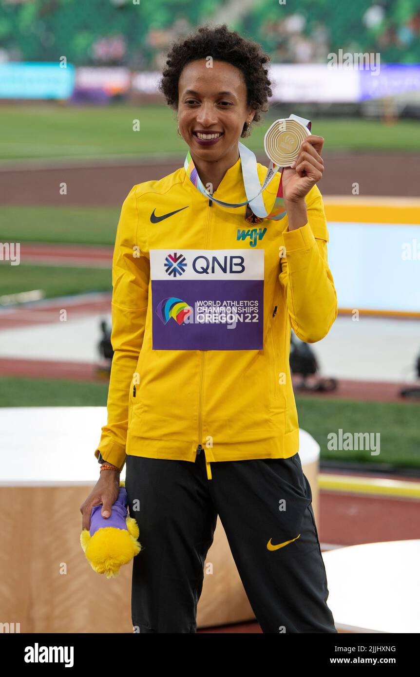 Malaika Mihambo (GER) GOLD women’s long jump medal ceremony on day ten ...