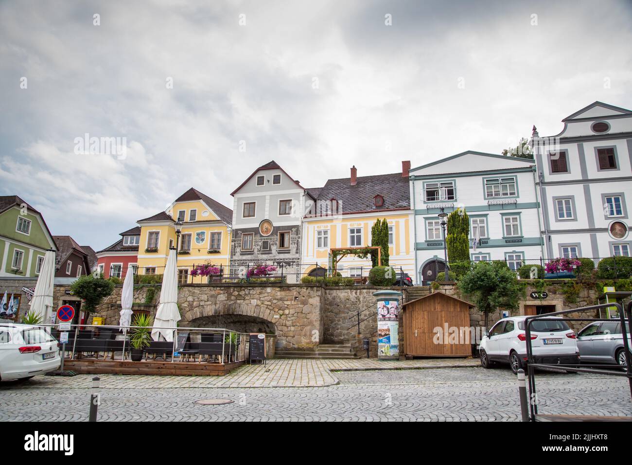 Row of historical houses in Weitra/ Waldviertel, the oldest brewery town of Austria Stock Photo