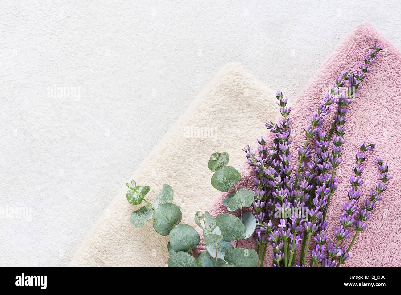 Lavender flowers, a green eucalyptus branch and fluffy towels on the light background. SPA, wellness well-being, body care concept. Copy space Stock Photo