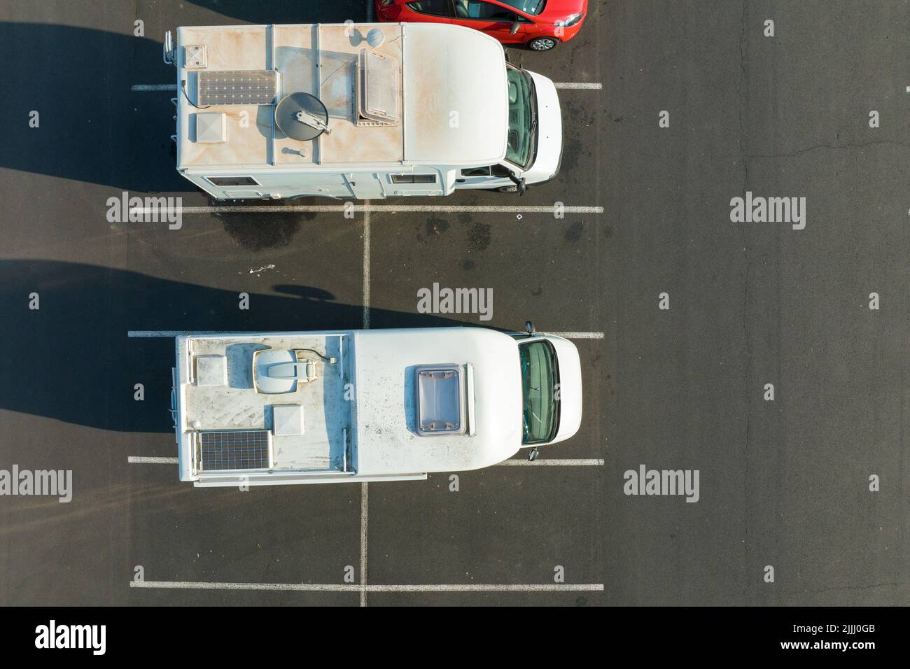 Aerial view of camper vans parked on parking lot Stock Photo Alamy