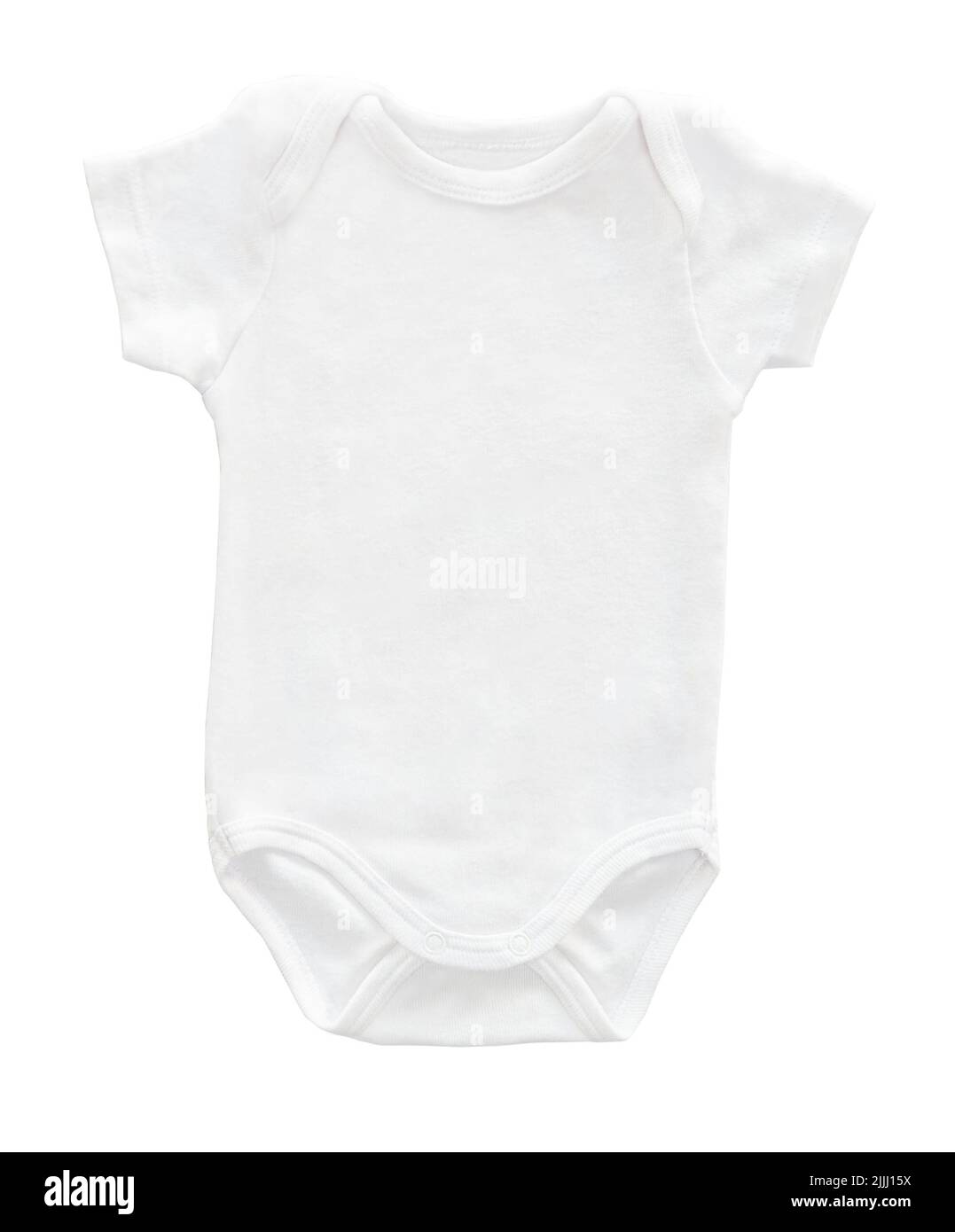 Mockup of blank white baby bodysuit on white background. Layout mock up ready for your design preview. Newborn clothing Mock-up for logo design presen Stock Photo