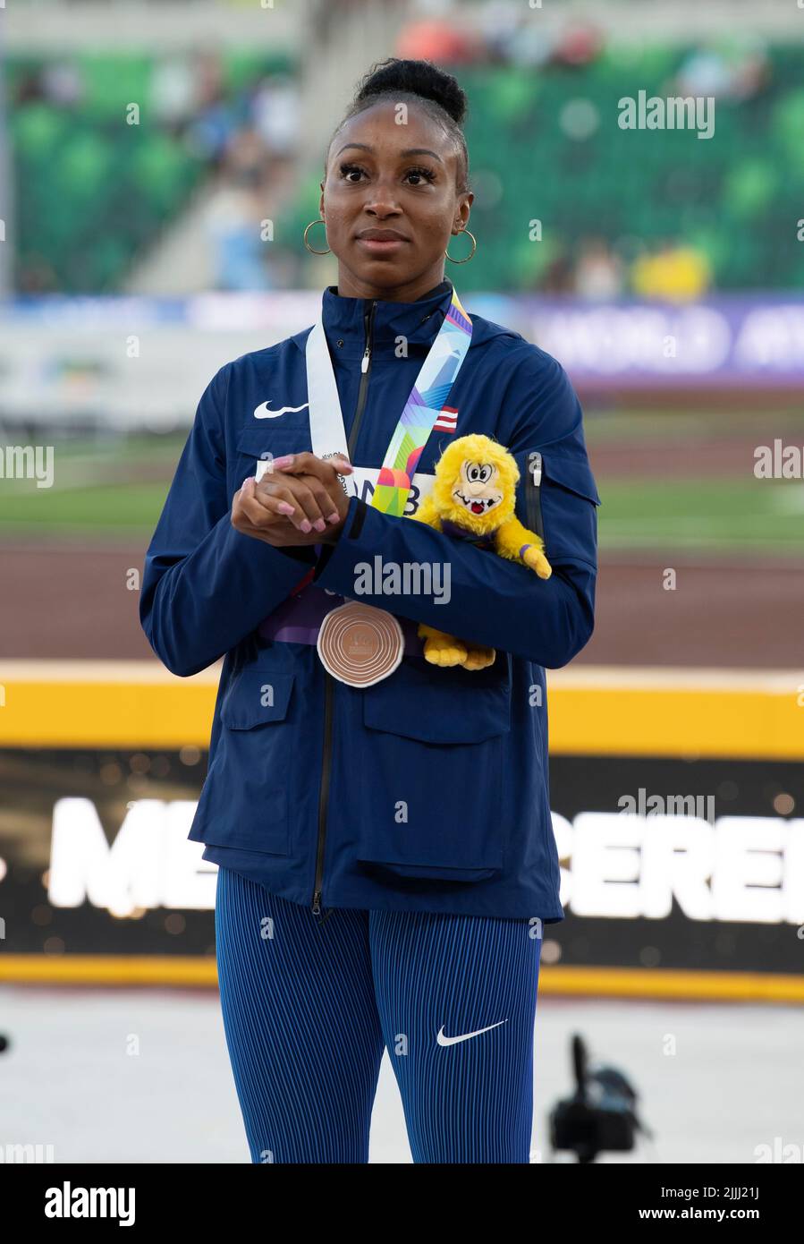 Jasmine CamachoQuinn (PUR) Bronze in the medal ceremony in the women’s 100m hurdles on day ten