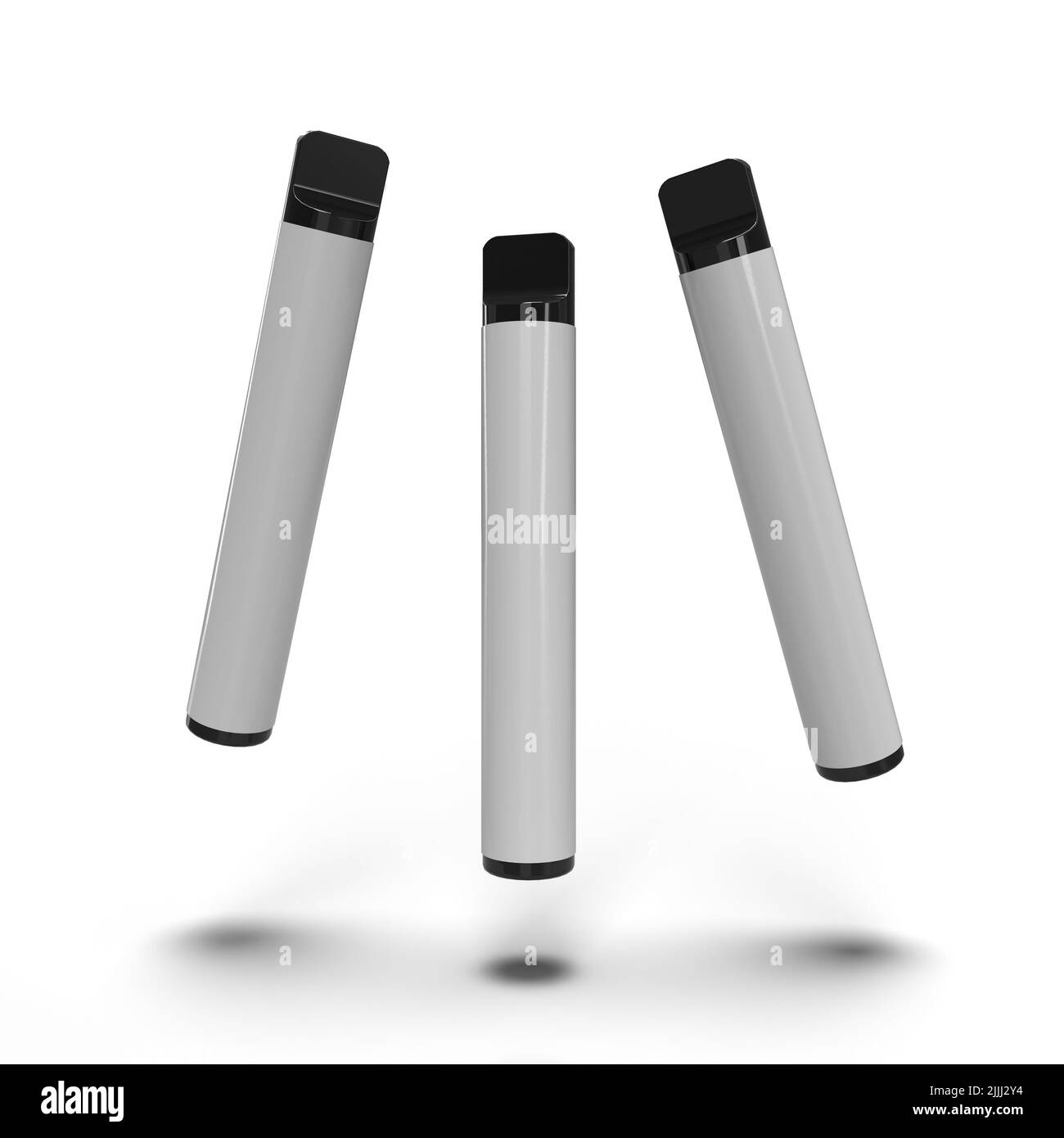 Disposable vape e-cigarette pens floating in mid air with drop shadows and isolated on a white background. 3D render illustration. Stock Photo