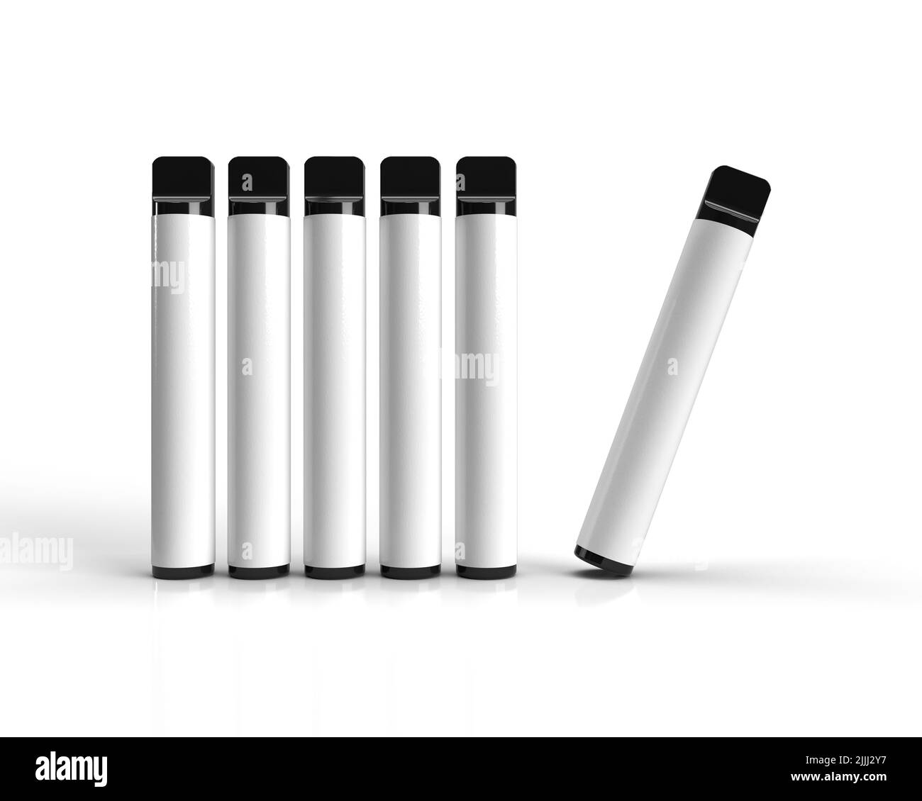 Disposable Vapes standing in line and one tilted over, with brandable white label ideal for mockups. 3D render illustration. Stock Photo