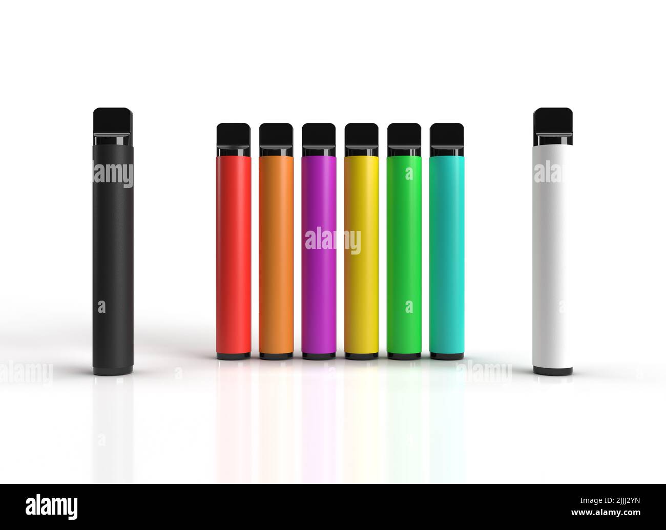 3D colorful range of disposable electronic vaping vapes for the electronic cigarette industry. 3D render illustration Stock Photo