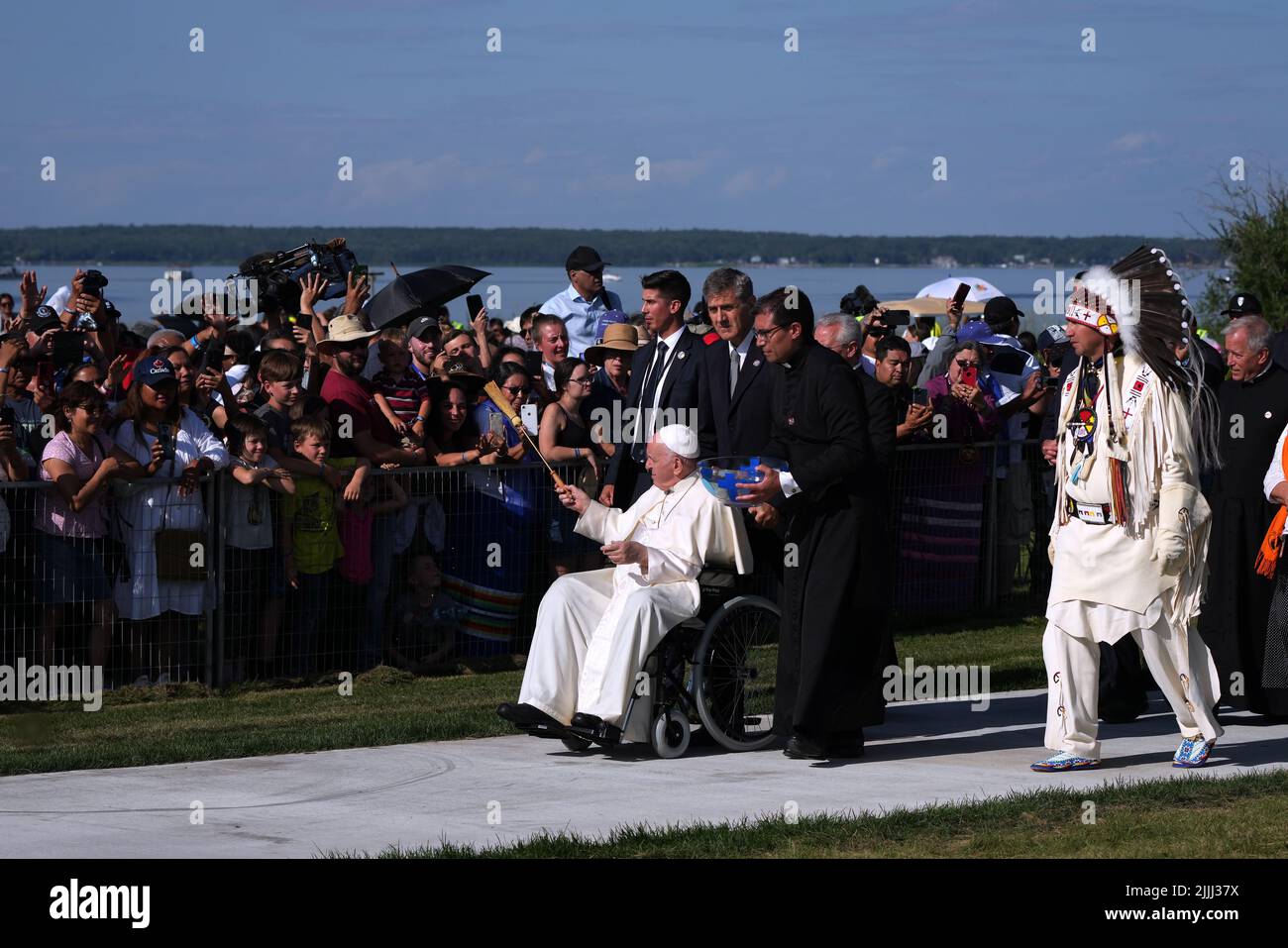 Lac Ste. Anne, Canada, July 26, 2022. Pope Francis sprinkles holy water