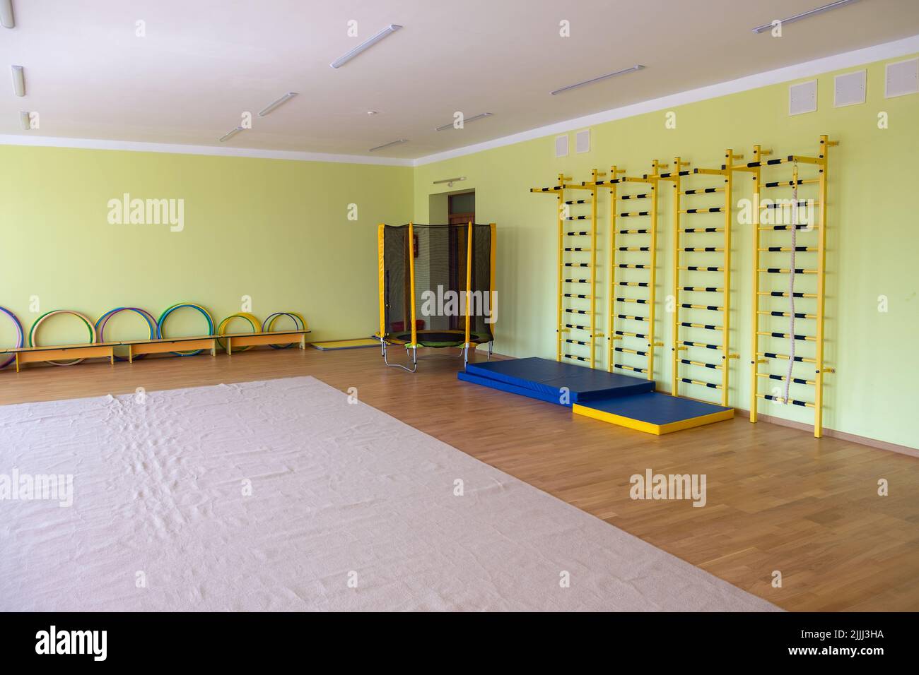 Lardge empty elementary school or kindergarten modern gym room with