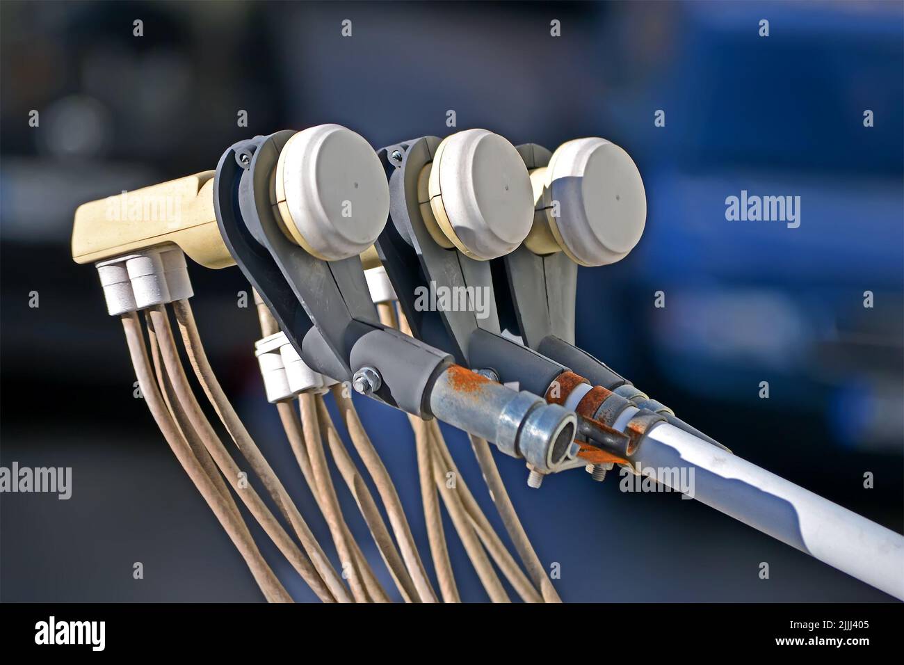 multifeed satellite antenna with multiple feeds (converters) closeup