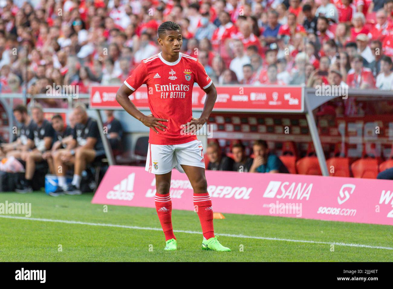Lisbon, Portugal. July 26, 2022.  Benfica's forward from Brazil David Neres (7) in action during the friendly game between SL Benfica vs Newcastle United FC Credit: Alexandre de Sousa/Alamy Live News Stock Photo